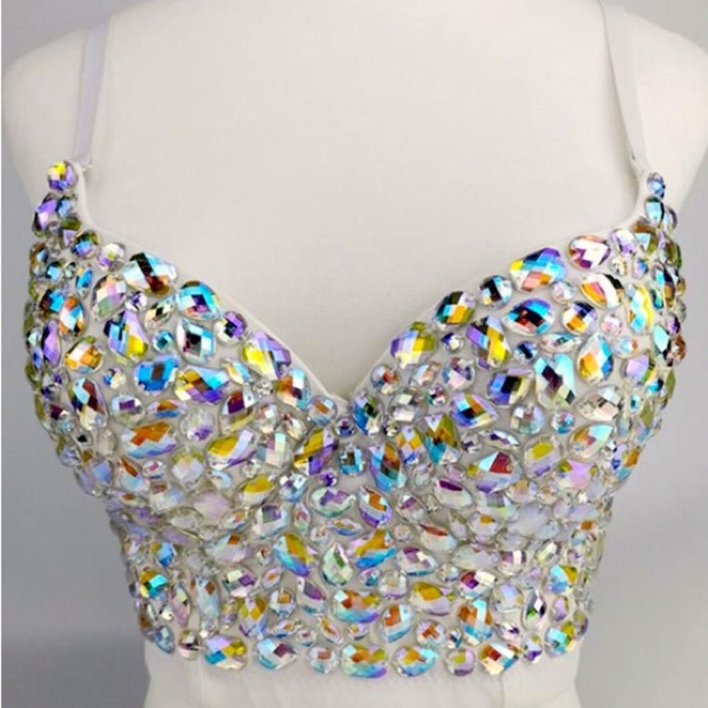 XS Absolutely Stunning White AB Embellished Gem Stone Beaded Bustier Corset Top - Picture 2 of 9